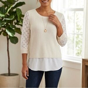 Club Monaco Cream Lace Sleeve Layered Hem Sweater Blouse - Size XS